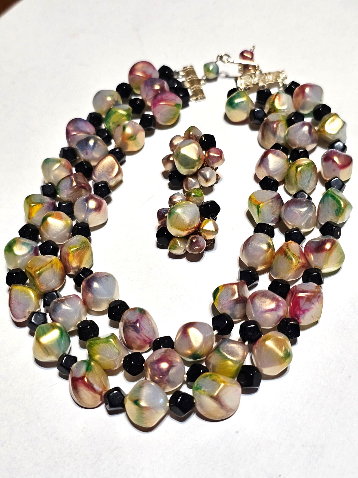 MCM IRIDESCENT BEADED NECKLACE AND CLUSTER CLIP-ON EARRING SET MARKED JAPAN
