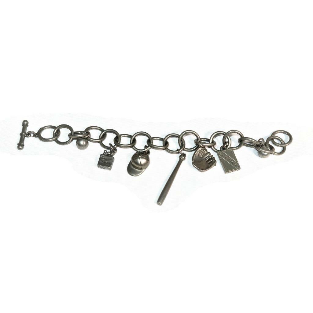 Jim Clift Pewter Charm Bracelet with BASEBALL Theme, 7 Charms