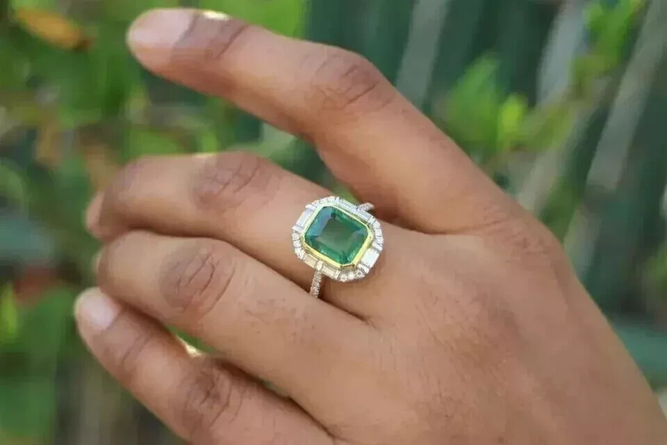 Art Deco Style Lab-Created Diamond & Emerald Cocktail Ring 14k White Gold Finish