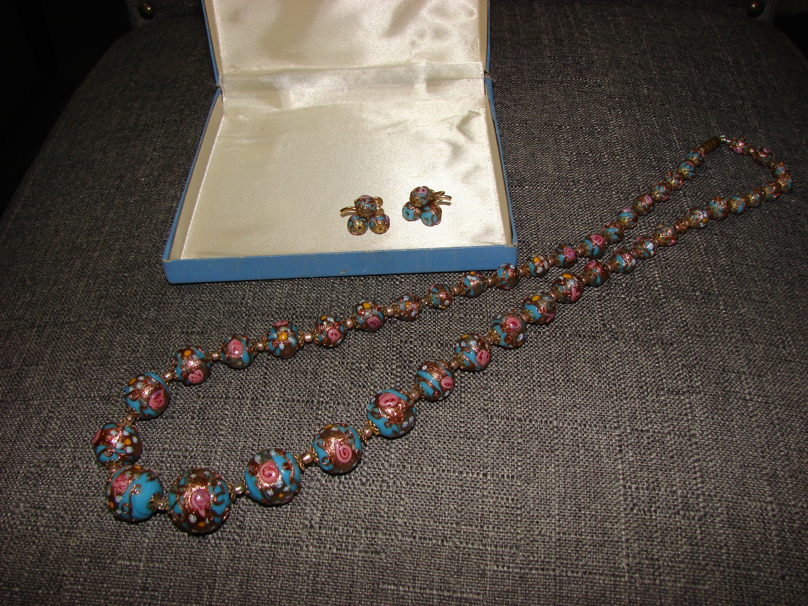 Vintage Venetian Murano Pink Blue Wedding Cake Beads Necklace and Clip Earrings