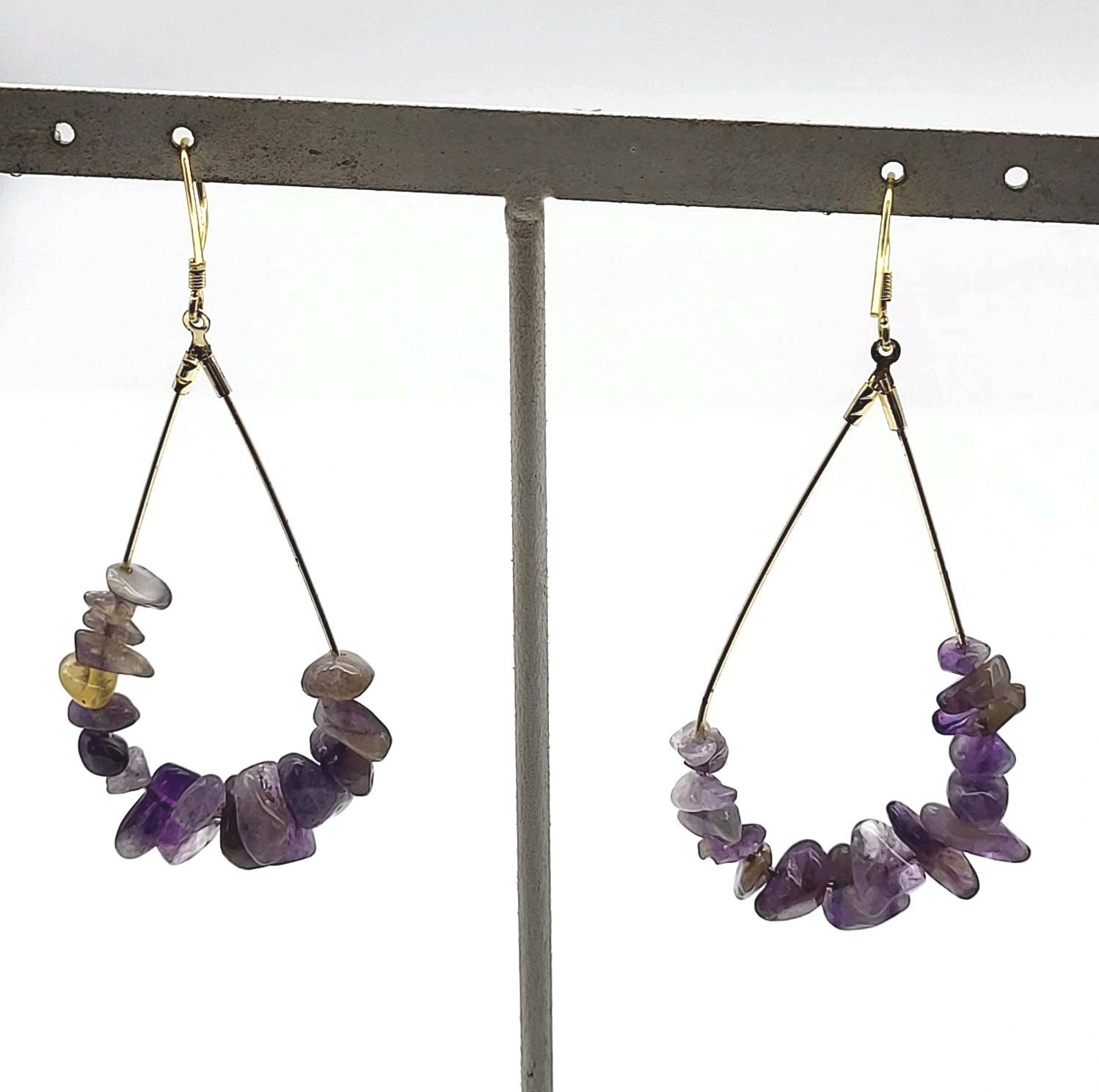 Sterling Silver Gold Plated Purple Amethyst bead teardrop dangle earrings