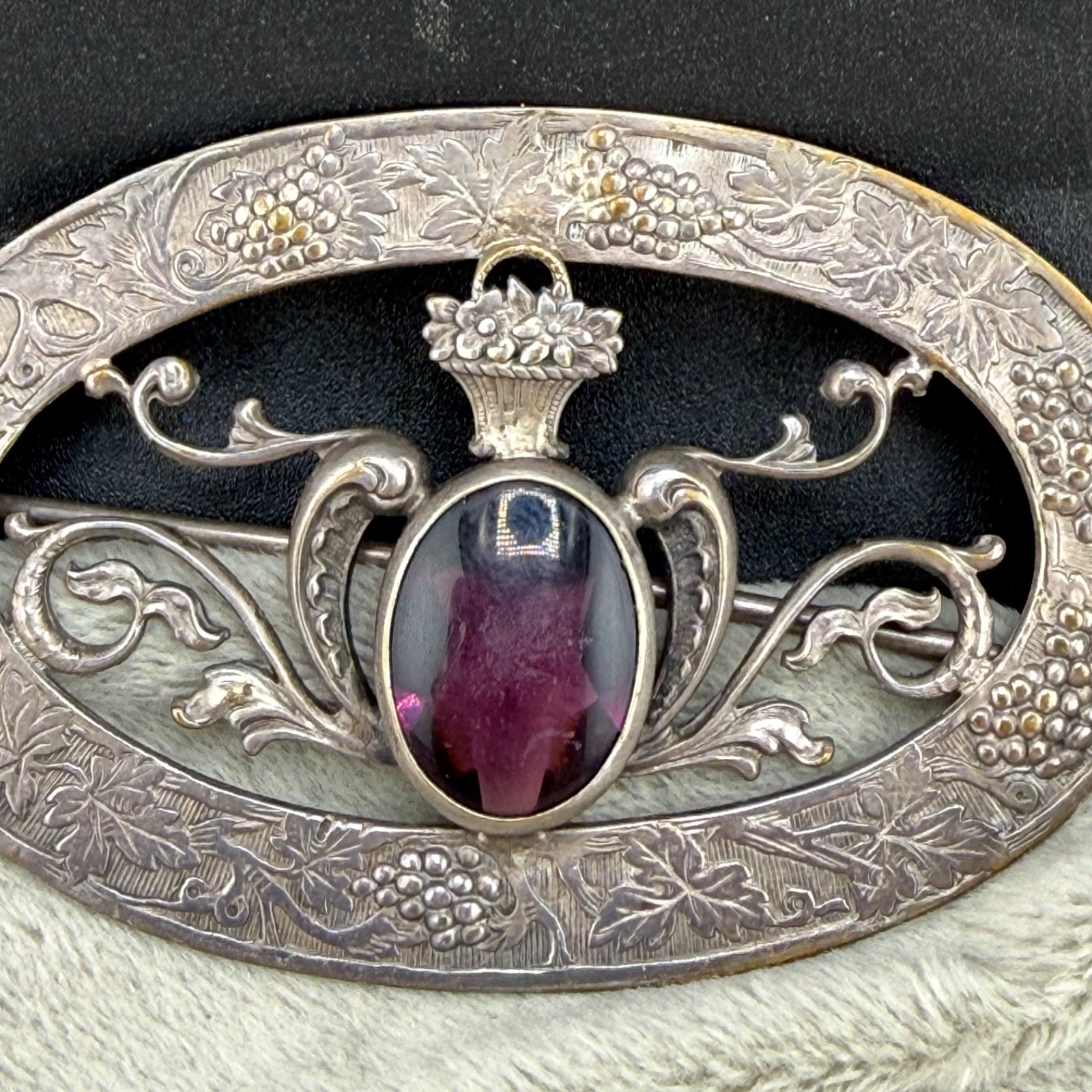 Vintage Sash Pin Brooch Grapes Flower Basket Purple Rhinestone