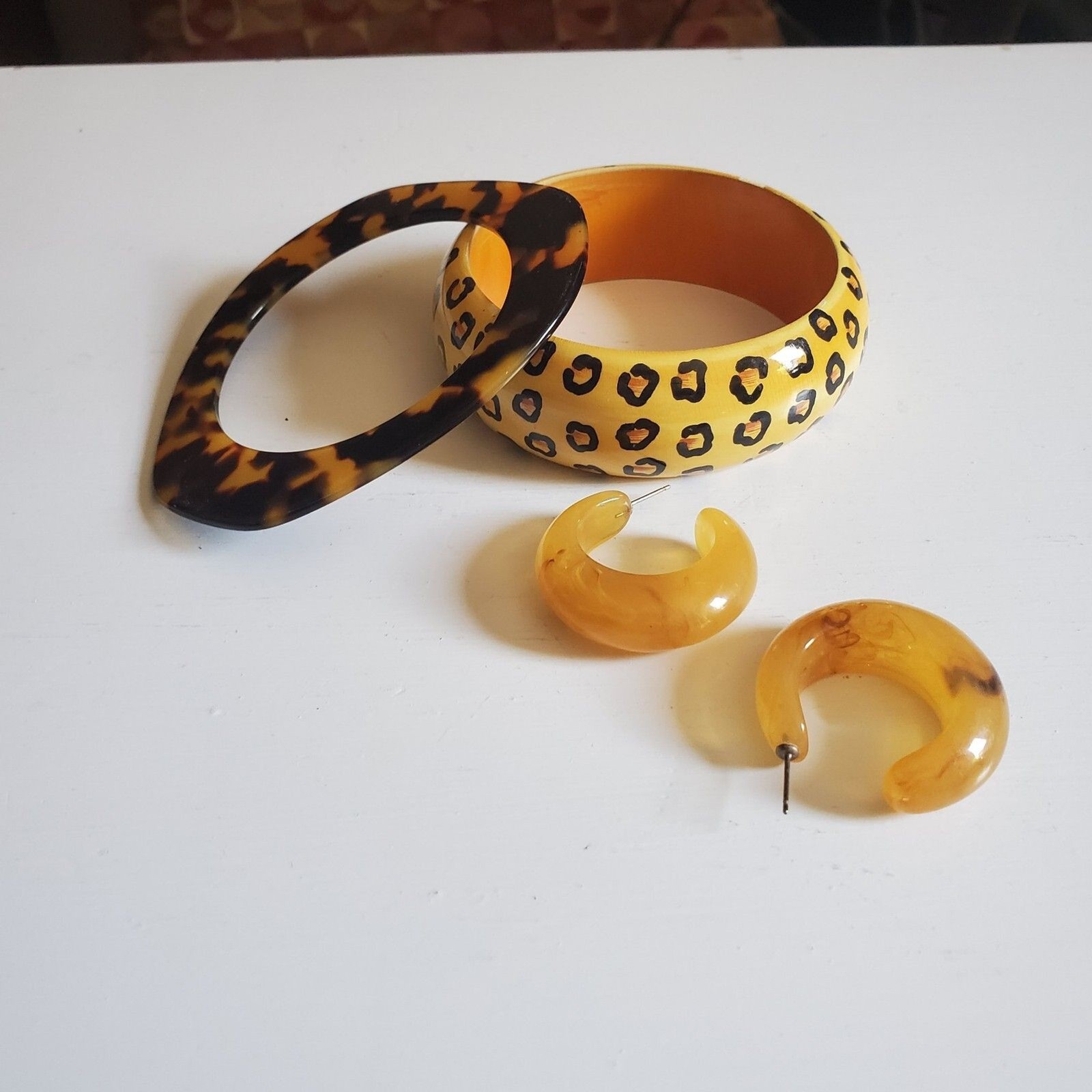Vintage Leopard Animal Print Bracelets & Earrings, Painted Wood & Lucite