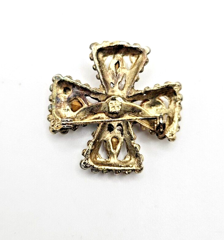 SMALL MALTESE CROSS VINTAGE GLASS STONES JEWEL TONES DIFFERENT SHAPES PIN Brooch