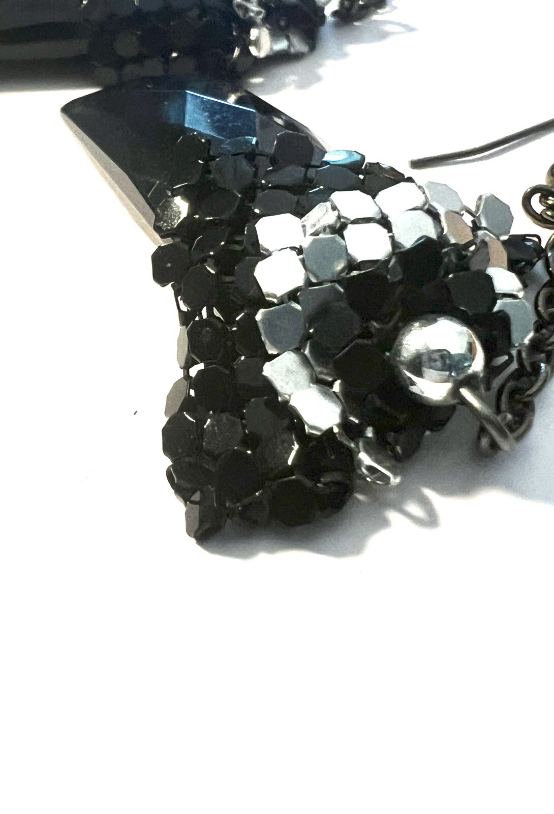Vintage Retro Dangle Black And Silver Tone Metal Chain And Crystal Hook Earrings