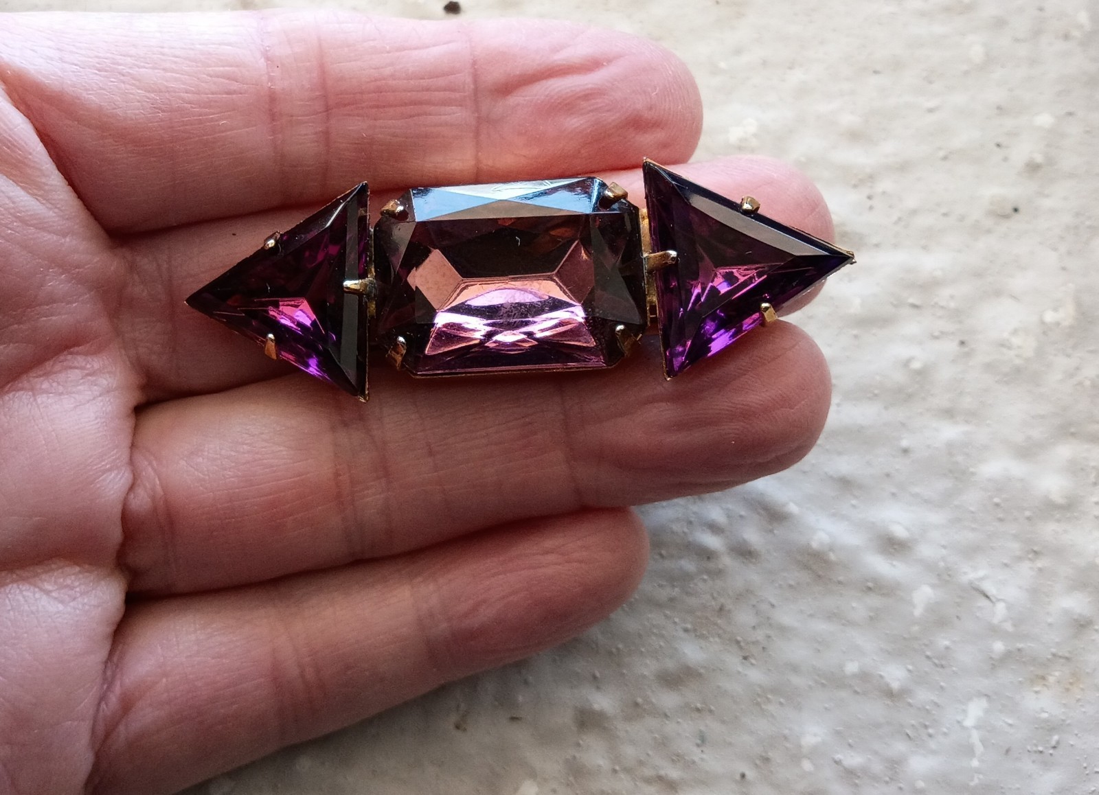 Vintage Purple Amethyst Color 3 large Glass Gem Brooch Modernist Art Deco