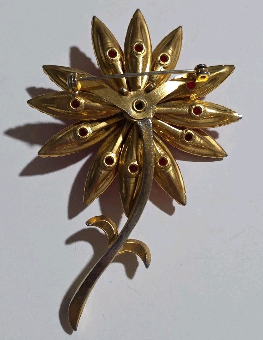 Vintage Red & Gold Lucite/Glass Flower Brooch Approximately 3-1/2 Inch