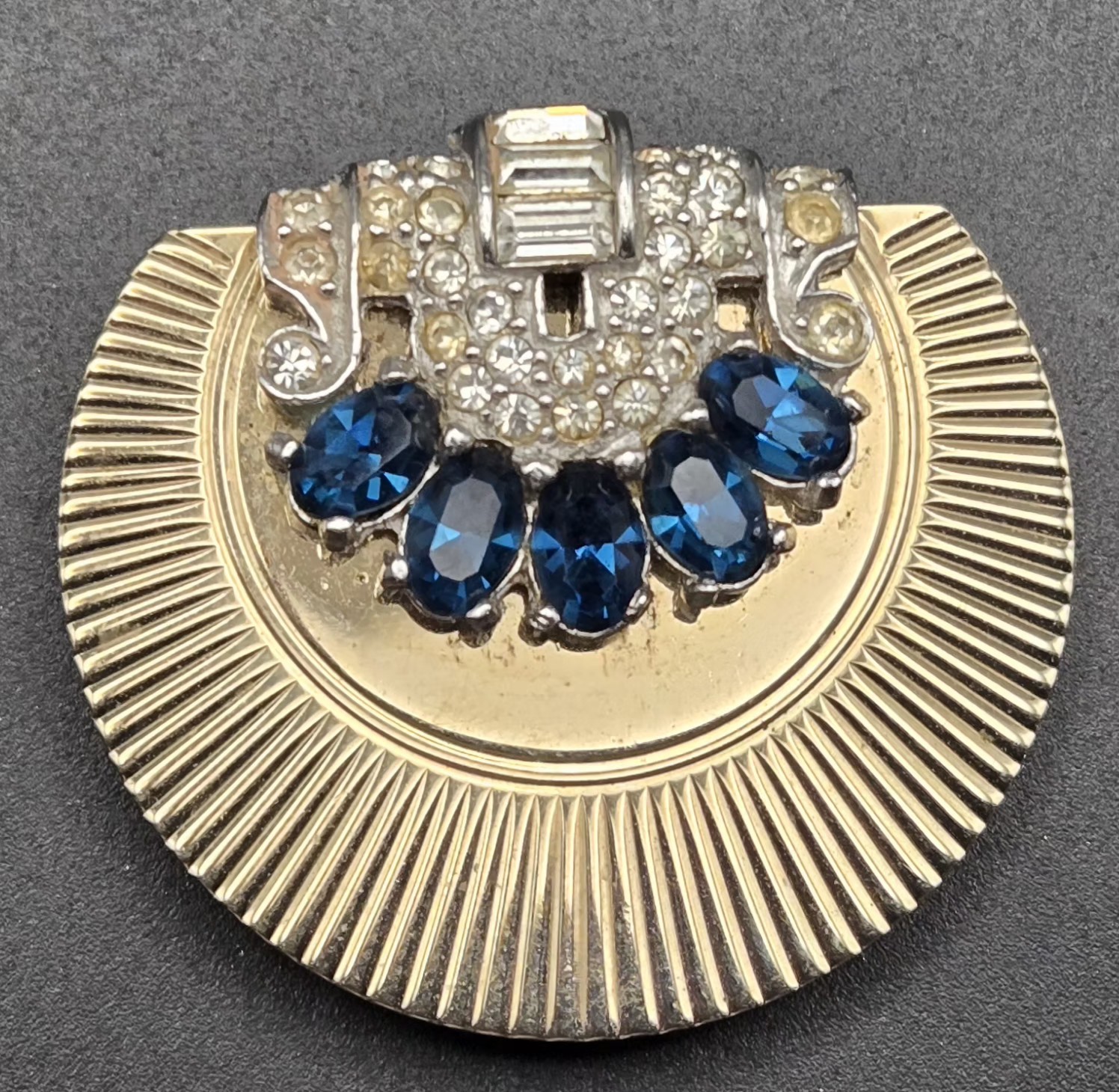 Vintage Signed CIRO Art Deco Dress Clip Brooch Blue Sapphire Rhinestone Ribbed