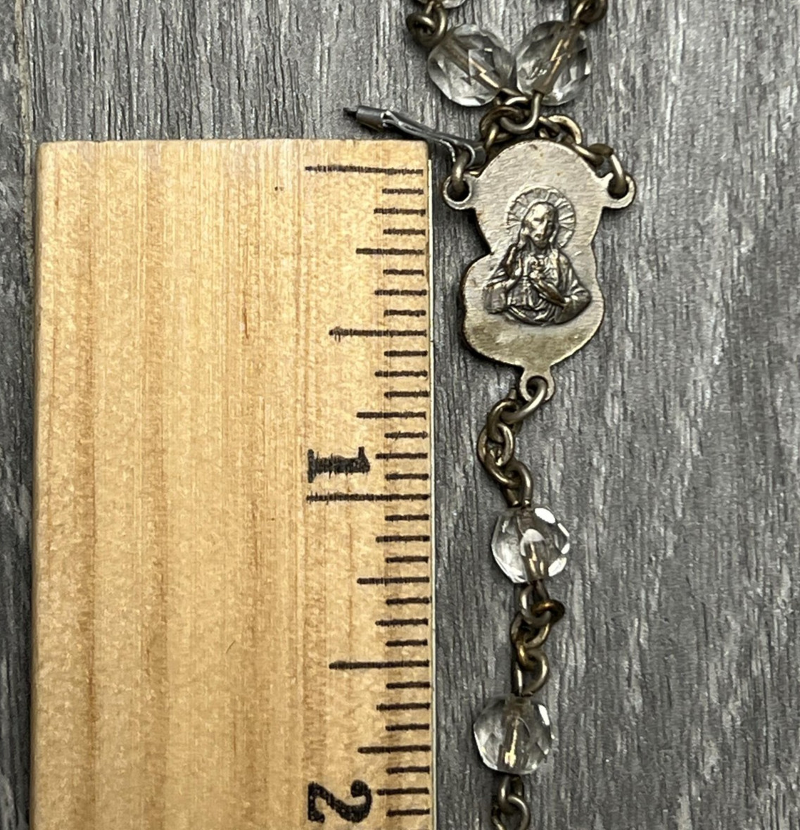 Vintage Catholic Rosary Clear Glass Beads Silver Tone Crucifix Mary Medal