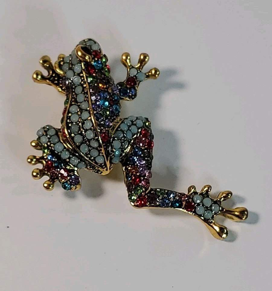 Jumping Frog Colorful Rhinestone Enamel Gold Tone Brooch Pin Jewelry 1.5″ X 2″