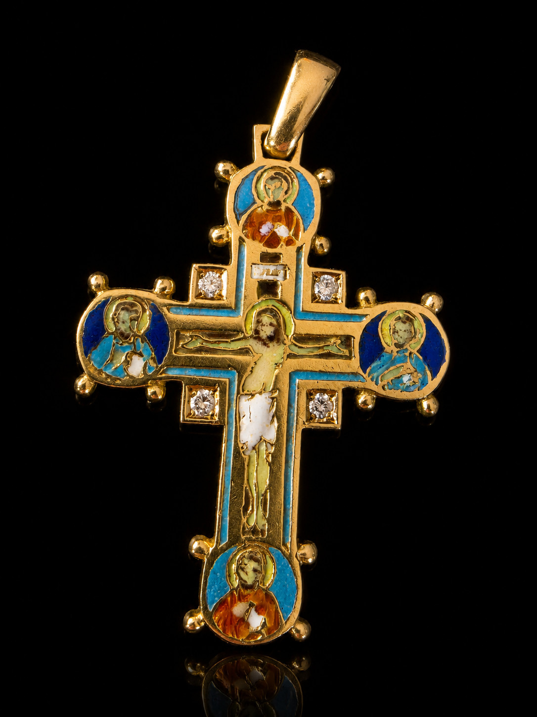 Antique Byzantine Revival Cross Pendant 18K Gold Enamel 4 Diamond Rare Religious