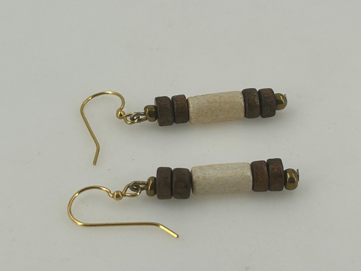 Dangle Drop Beaded Earrings Gold Tone 2″ Long Wood Ceramic Bone Tribal Handmade