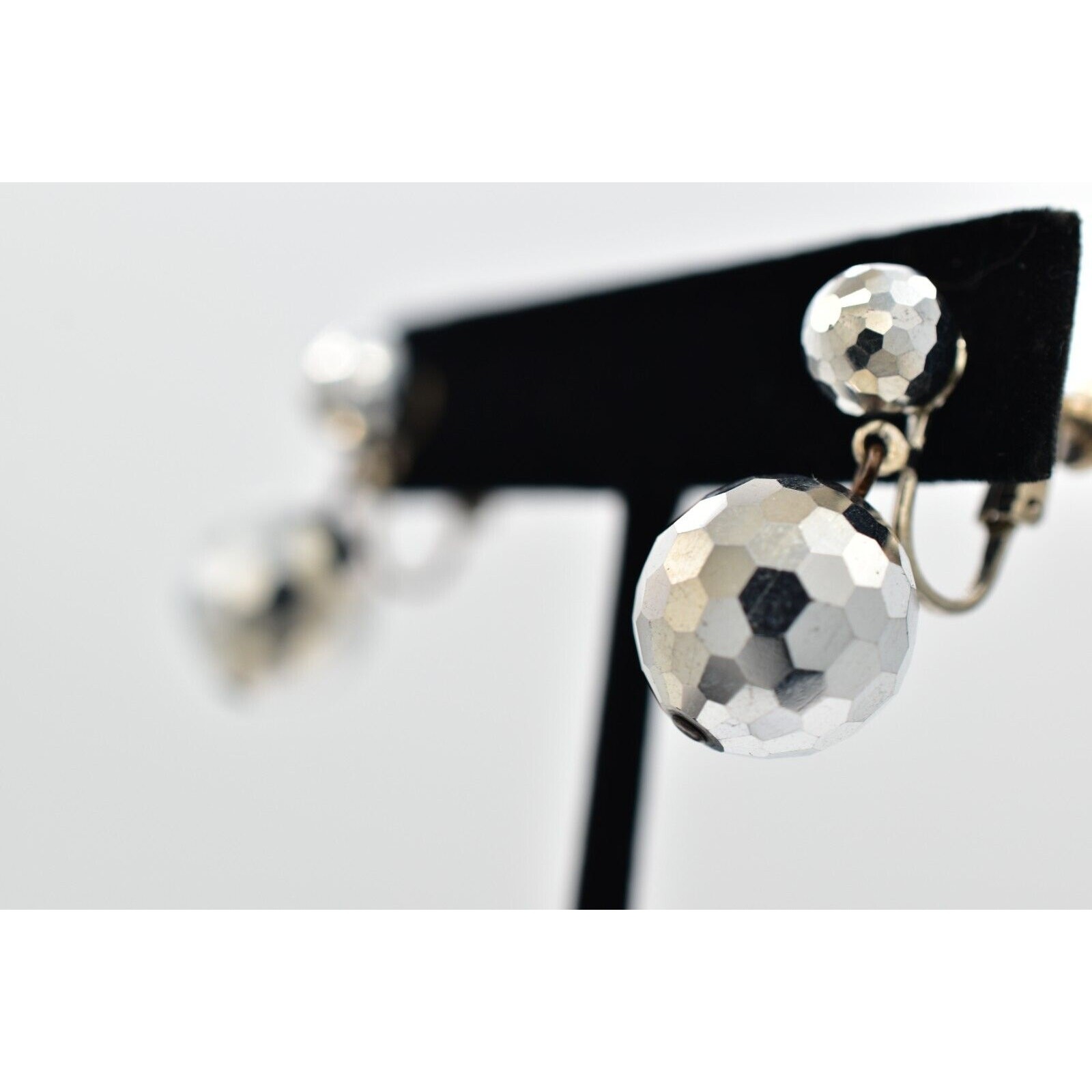 Vintage Crystal Clip On Earrings Silver Dangle Disco Ball Drop Glam 1950s A24
