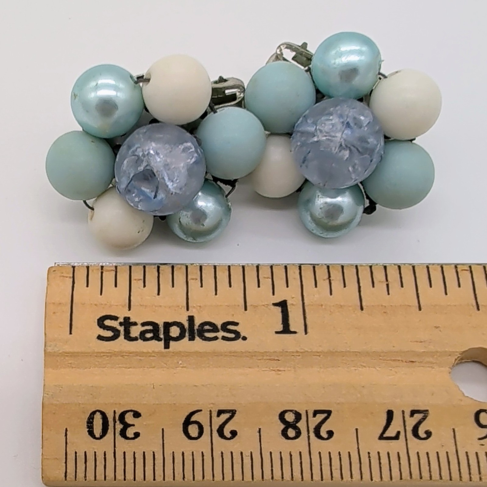 Vintage Signed Japan Blue White Beaded Cluster Clip-On Earrings Silver Tone