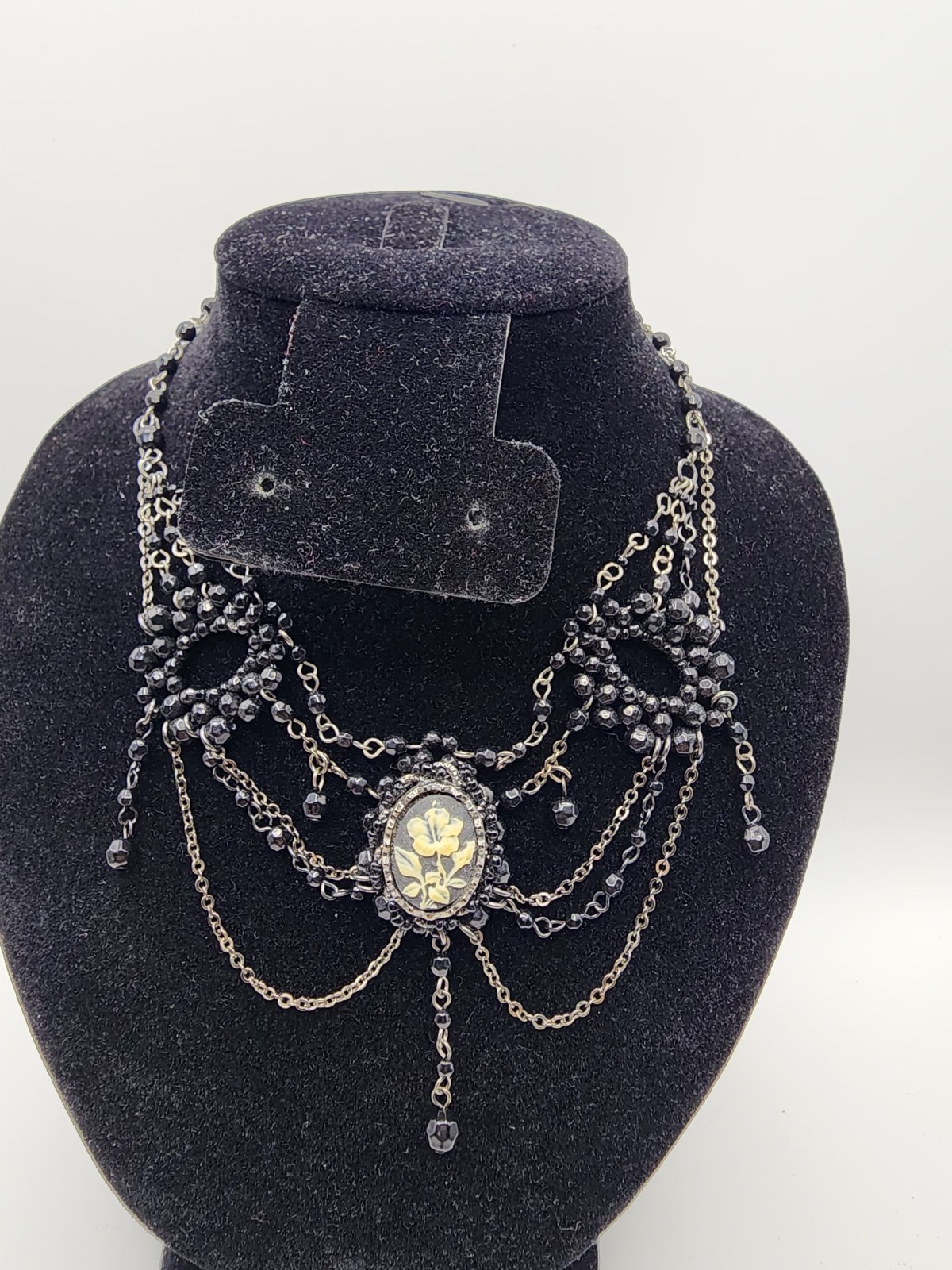 Vintage Victorian Gothic Black Beaded Choker Statement Necklace Cameo Bib Collar