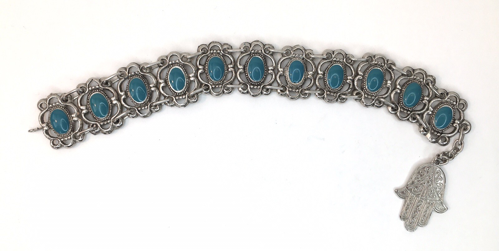 Vtg Souvenir du Maroc Moroccan Bracelet Poured Teal Enamel Hamsa Hand Charm