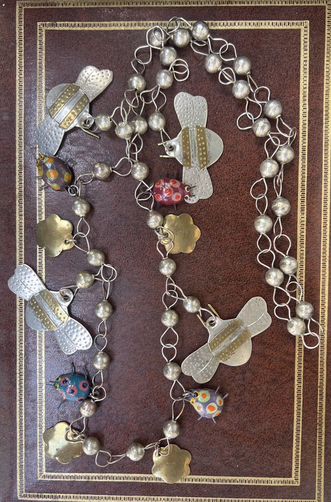 Vintage Mexican Wedding Necklace Ladybugs Bees Milagros Charms Silver Brass