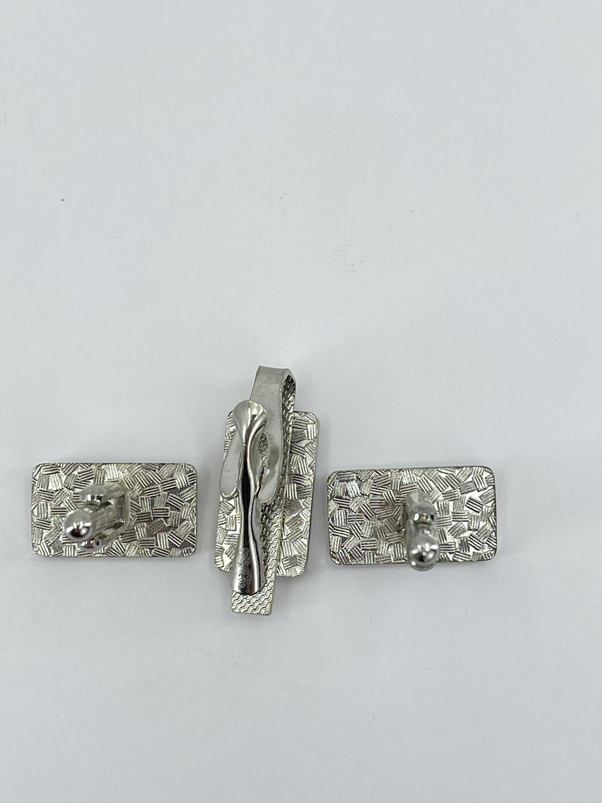 vintage silver tone cufflinks and tie clip set zipper like with black enamel