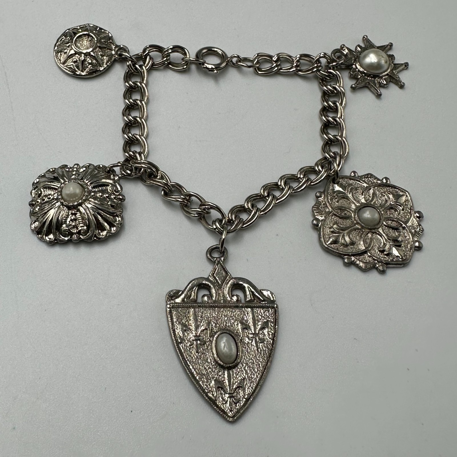 Vintage Charm Bracelet Silver Tone Filigree Embossed Faux Pearl Dangle Shields