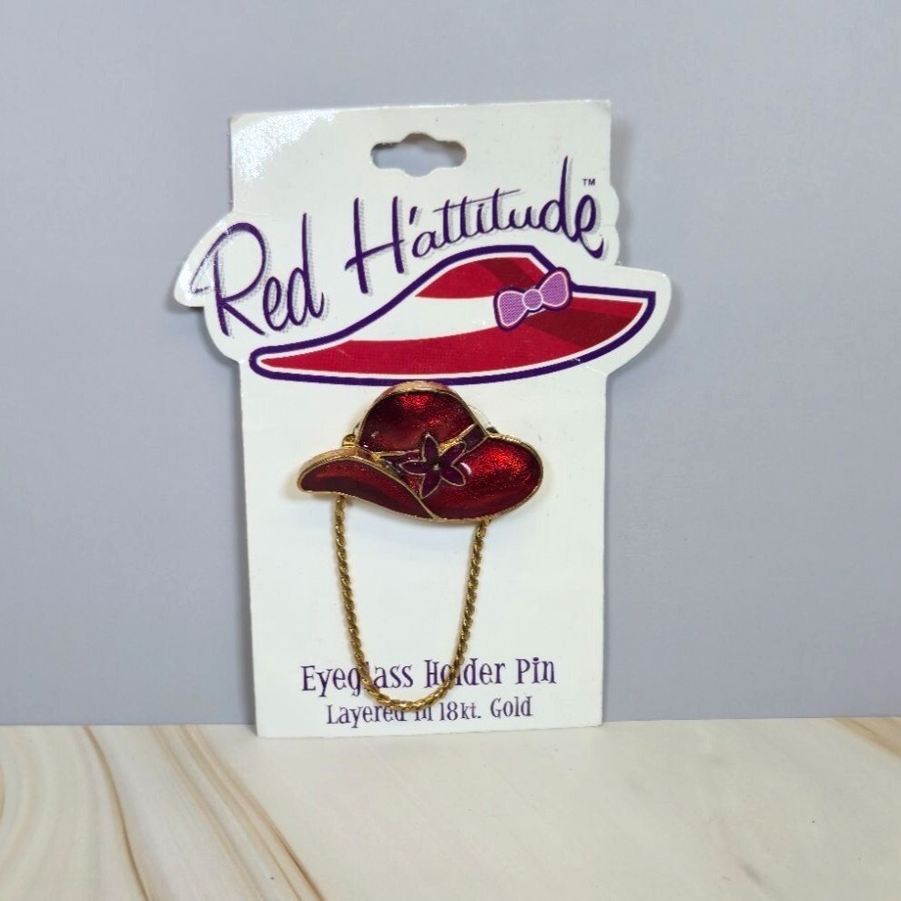 NEW 18K Gold Red Hattitude hat Society Eyeglass Holder Pin Brooch Vintage NOS