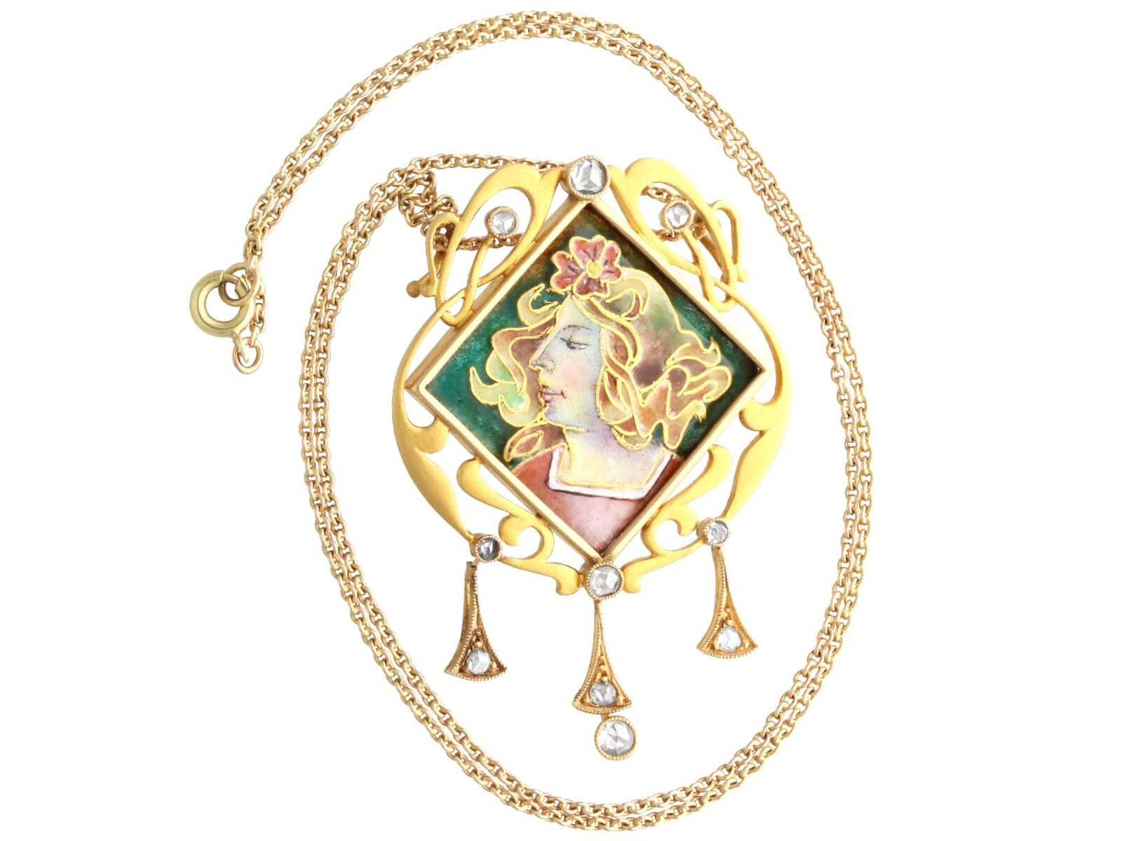 Art Nouveau 0.35Ct Diamond, Enamel and 18k Yellow Gold Pendant Circa 1910