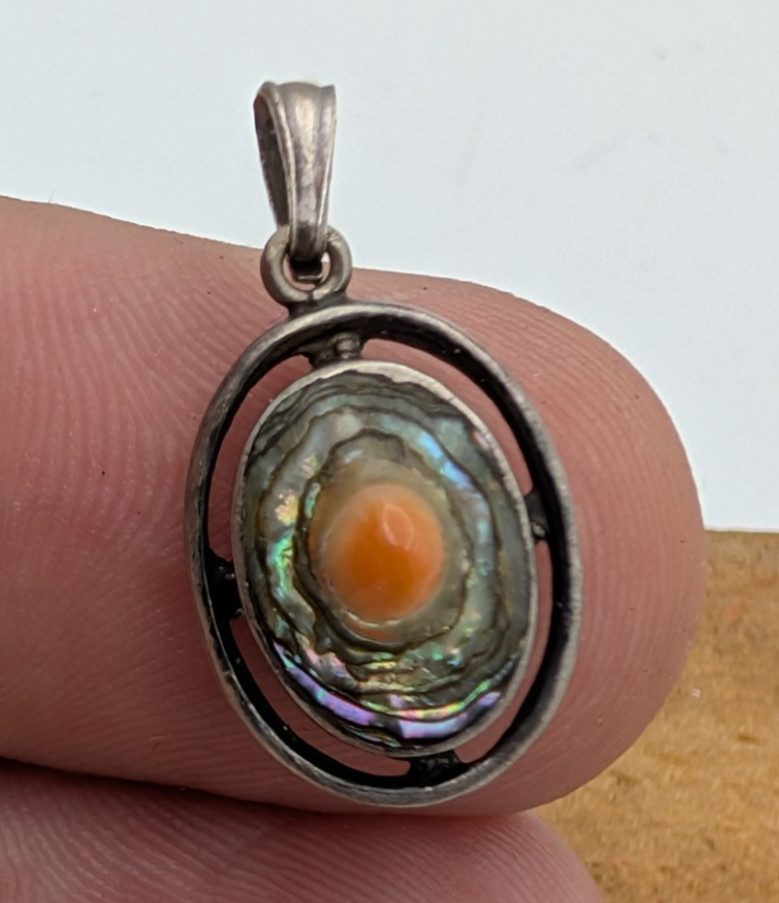 Vintage 925 Sterling Silver Orange Coral and Abalone Pendant 1″
