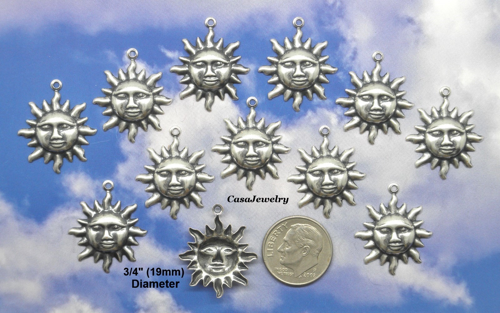 #0239S SMALL ANTIQUED STERLING SILVER PLATED SUN BURST W/TOP HANG RING – 12 Pcs