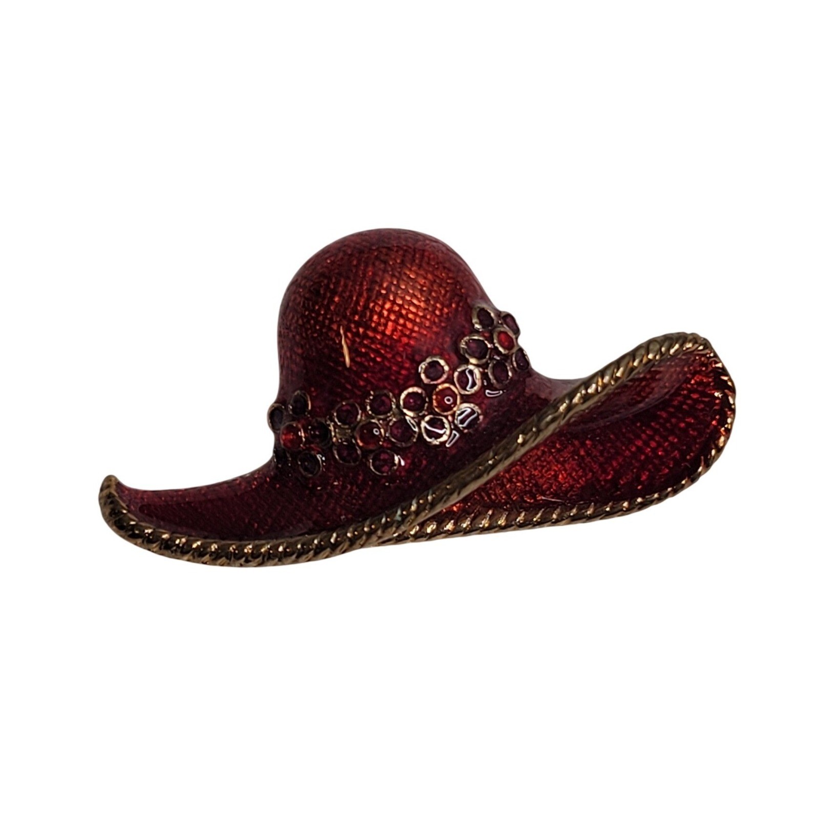 Vintage Gold Ruby Red Hat Society Brooch Enamel Floral Pendant Gift