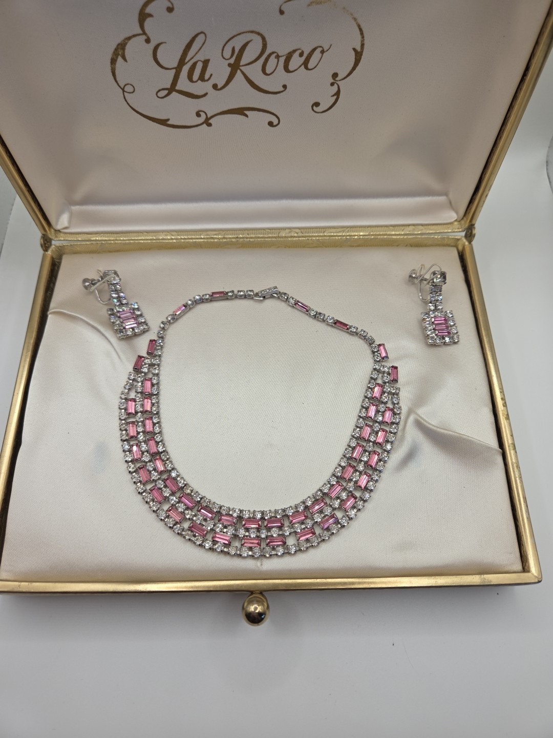 La Roco 1950’s Triple Row Baguette Collar Crystal Pink White Rhinestone Set Box