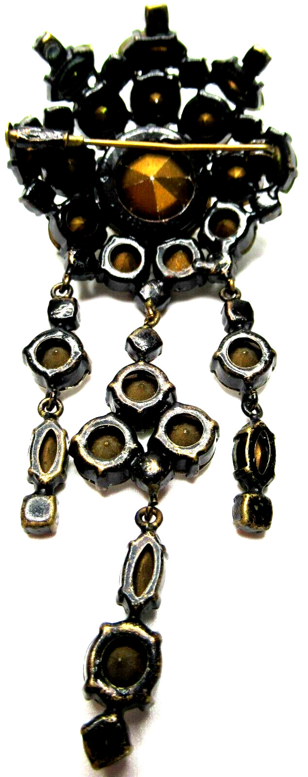 Austrian, French or German Dangling Green Yellow & Ice Rhinestone 1950’s Brooch