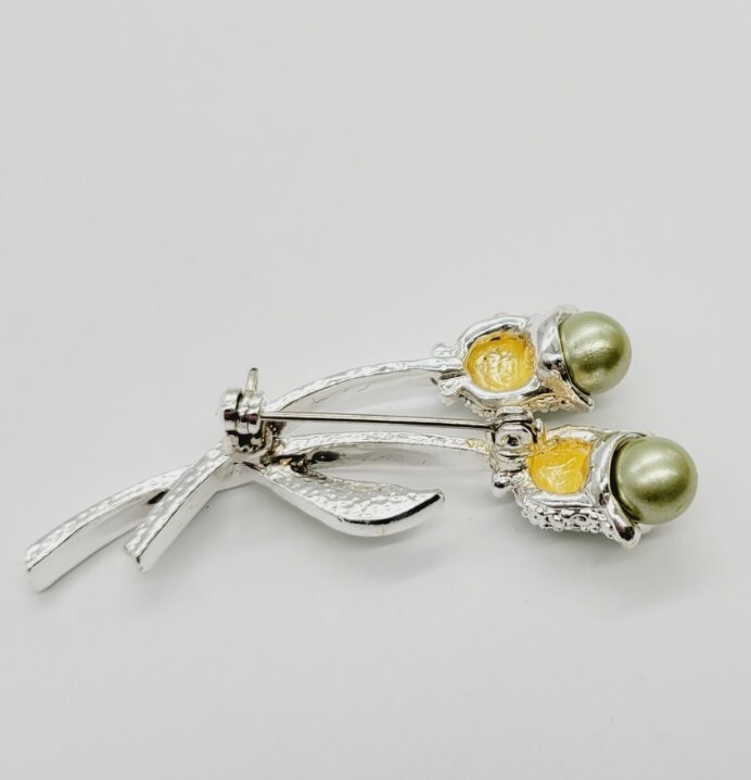 Vintage Flower Bouquet Brooch Green Faux Pearls Silver Tone Crystal Accent
