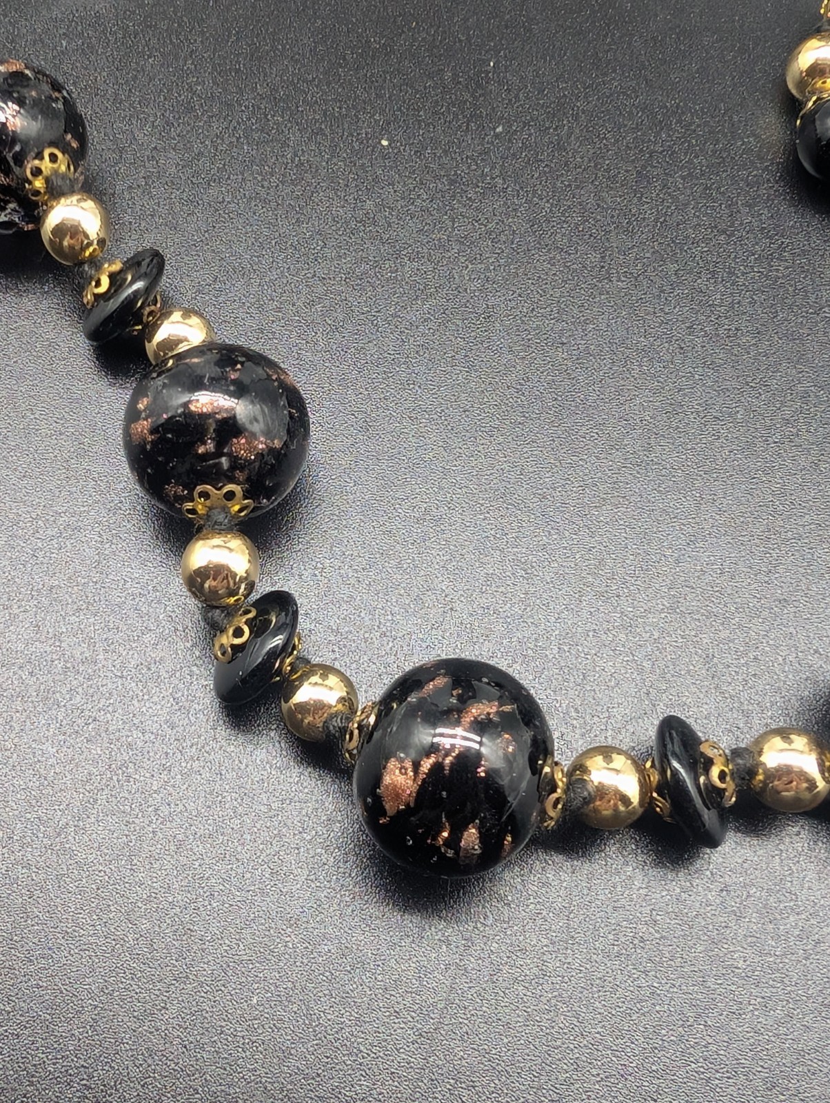 Vintage Hand Knotted Gold Tone Black & Copper Aventurine Art Glass Bead Necklace