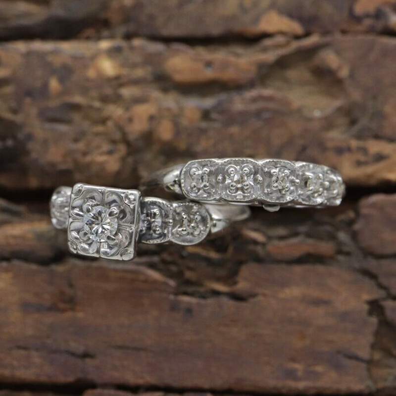 2 CTW White Round Simulated Diamond Art Deco Antique Style 925 Silver Ring Set