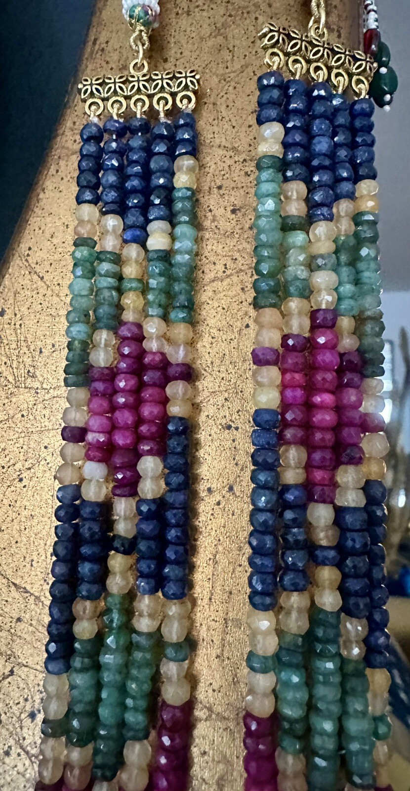 Vtg genuine emerald,sapphire,ruby strings multicolor necklace south western styl