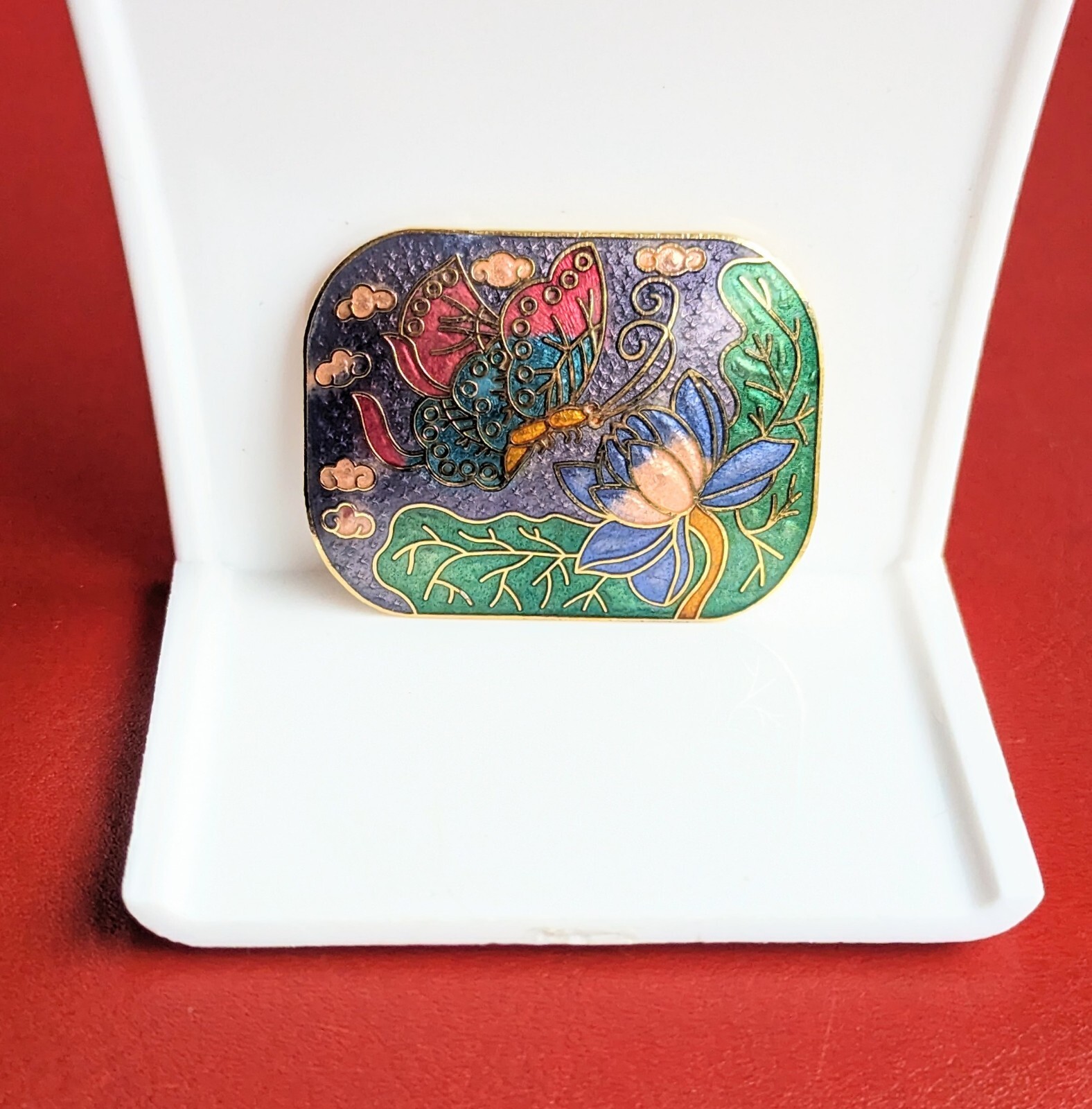 Vintage 2″ Blue Green Red Butterfly Flower Cloisonne Enamel Gold Tone Brooch Pin