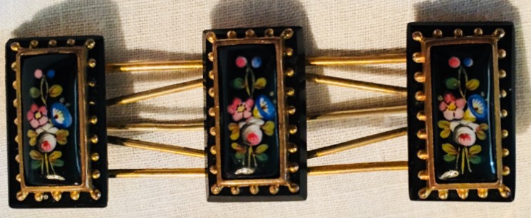 Victorian Hand Painted Onyx Rose Lily Gold Floral Large Brooch Pin