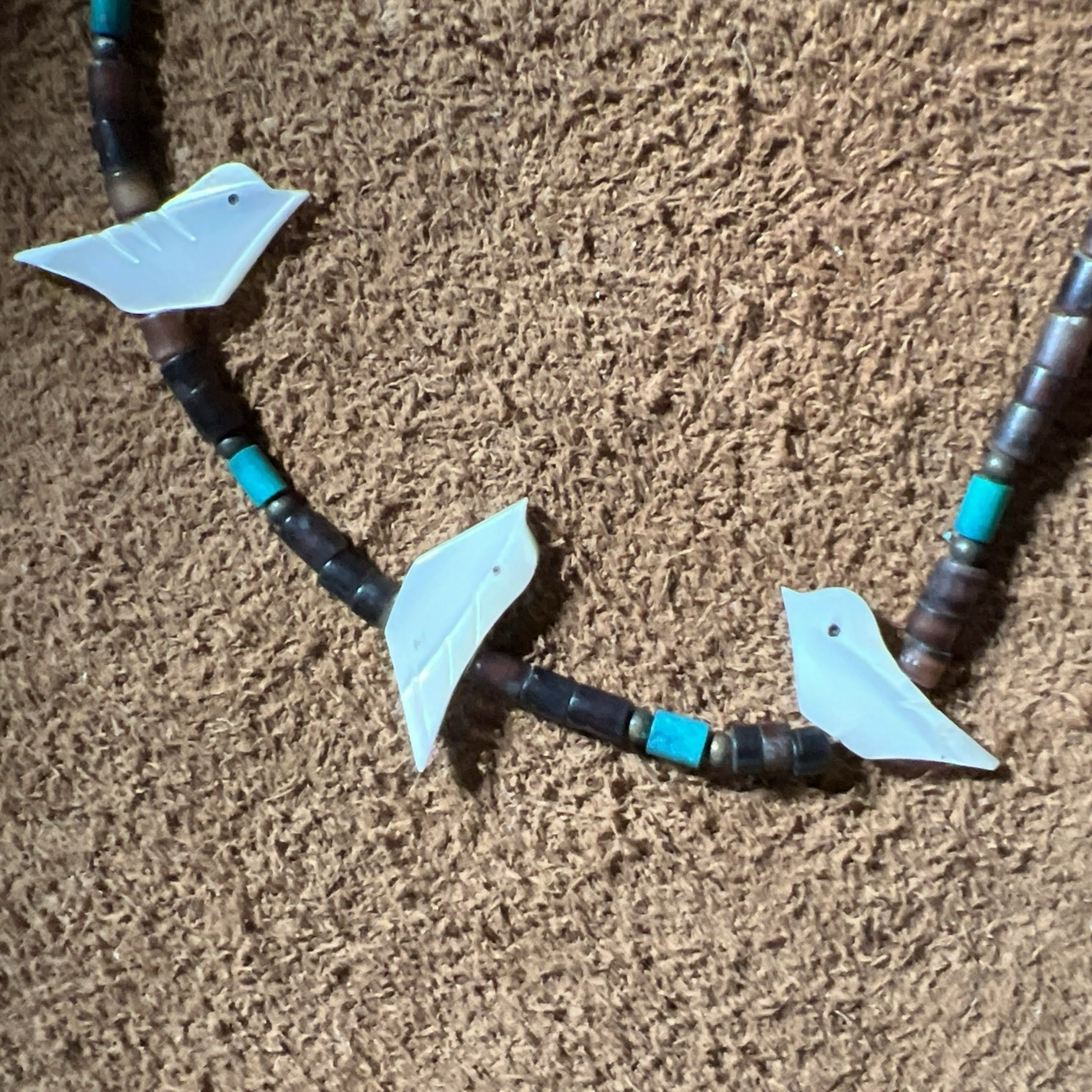 Native American Choker Necklace ~ MOP Bird Fetish Heishi Turquoise ~ 15.5” 7.6g
