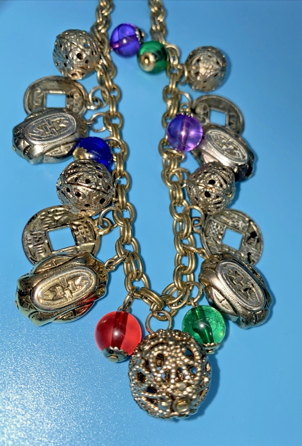 Oriental Charm Choker 20” Necklace Silver-Tone Chain Faux Coins Beads VTG