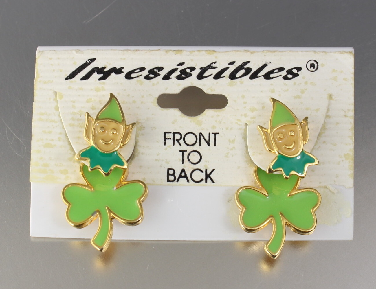 VINTAGE ST. PATRICKS’S DAY GREEN ENAMEL LEPRECHAUN CLOVER PIERCED EARRINGS
