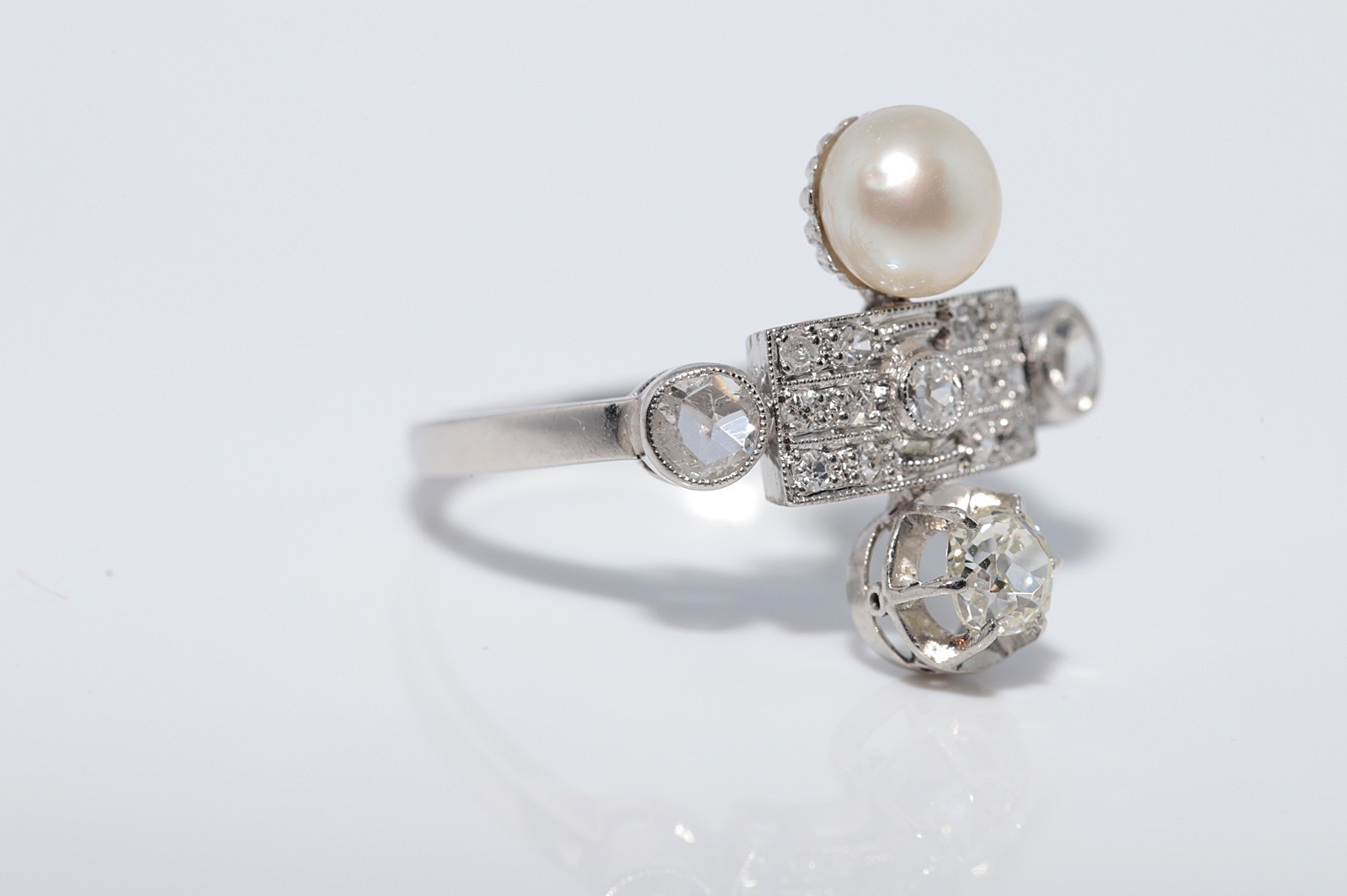 Antique Circa 1920s Platinum Art Deco Natural Diamond And Pearl Decorated Ring