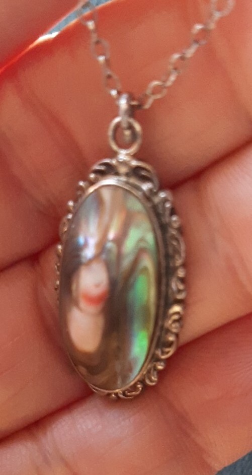 Vintg Pendant Necklace Blister Pearl Spiny Oyster Abalone Art Nouveau “STERLING”