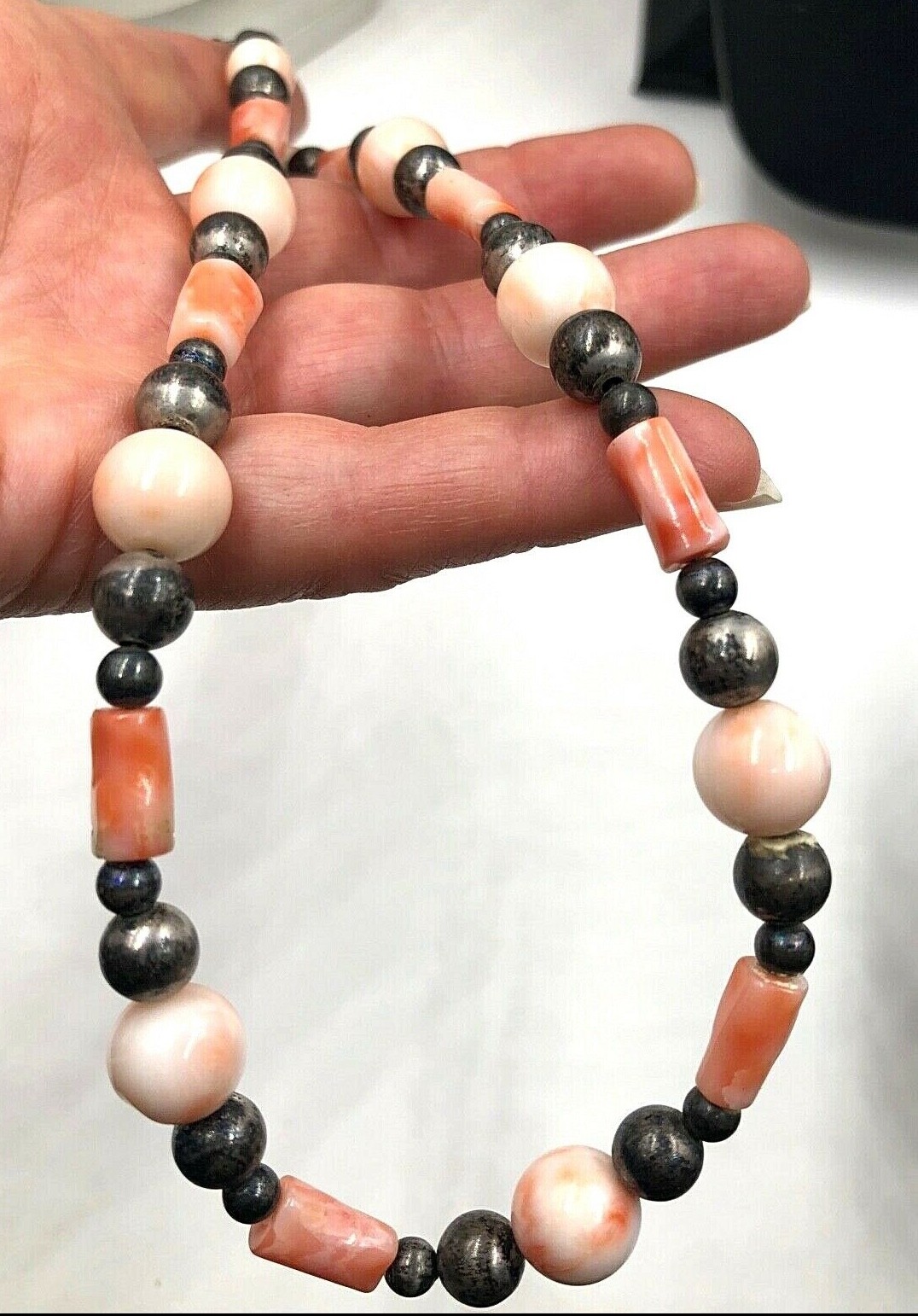 VINTAGE ANTIQUE GENUINE NATURAL SALMON CORAL STERLING SILVER SIGNED NECKLACE
