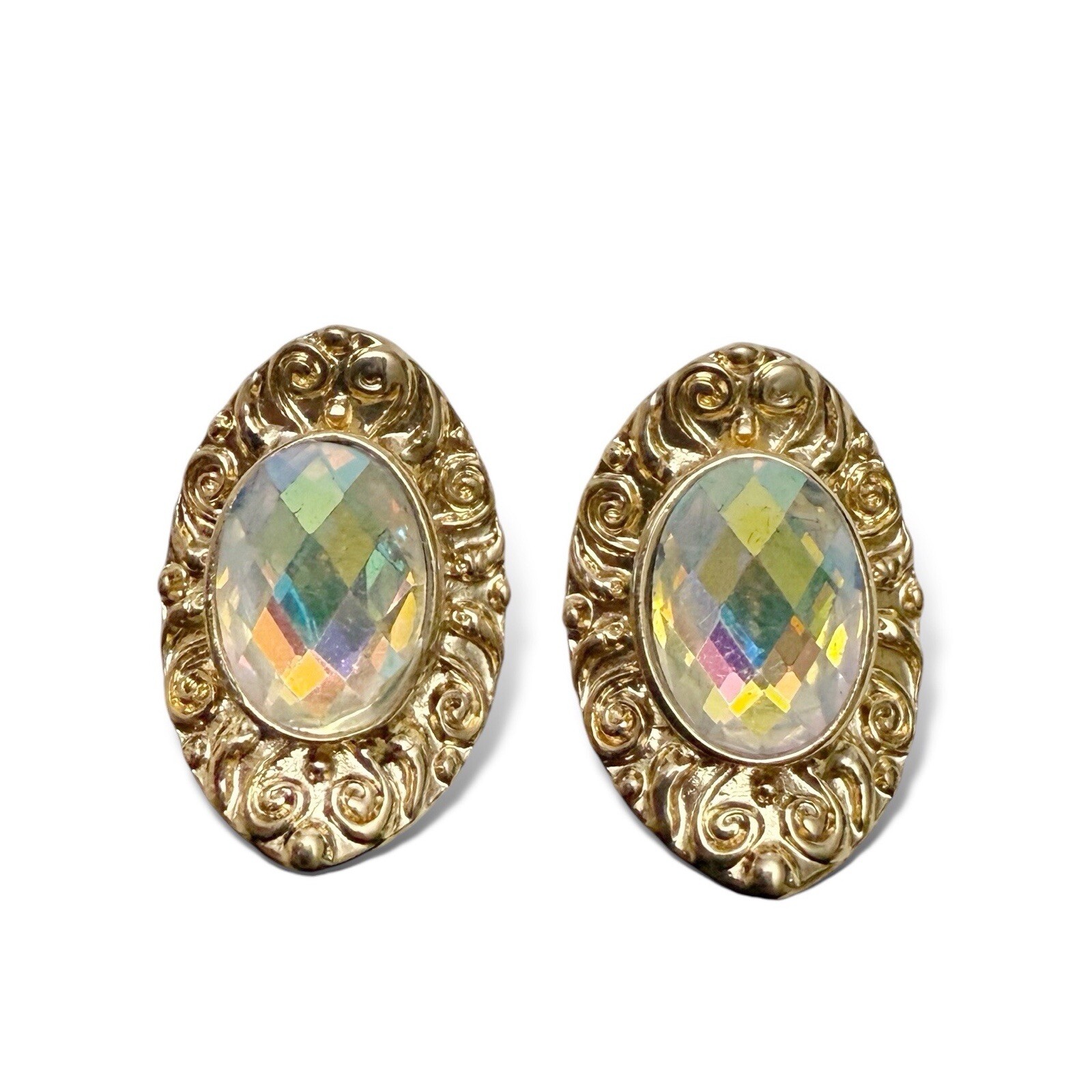 Vintage AB Glass Faceted Crystal Ornate Oval Curved Goldtone Clip On Earrings