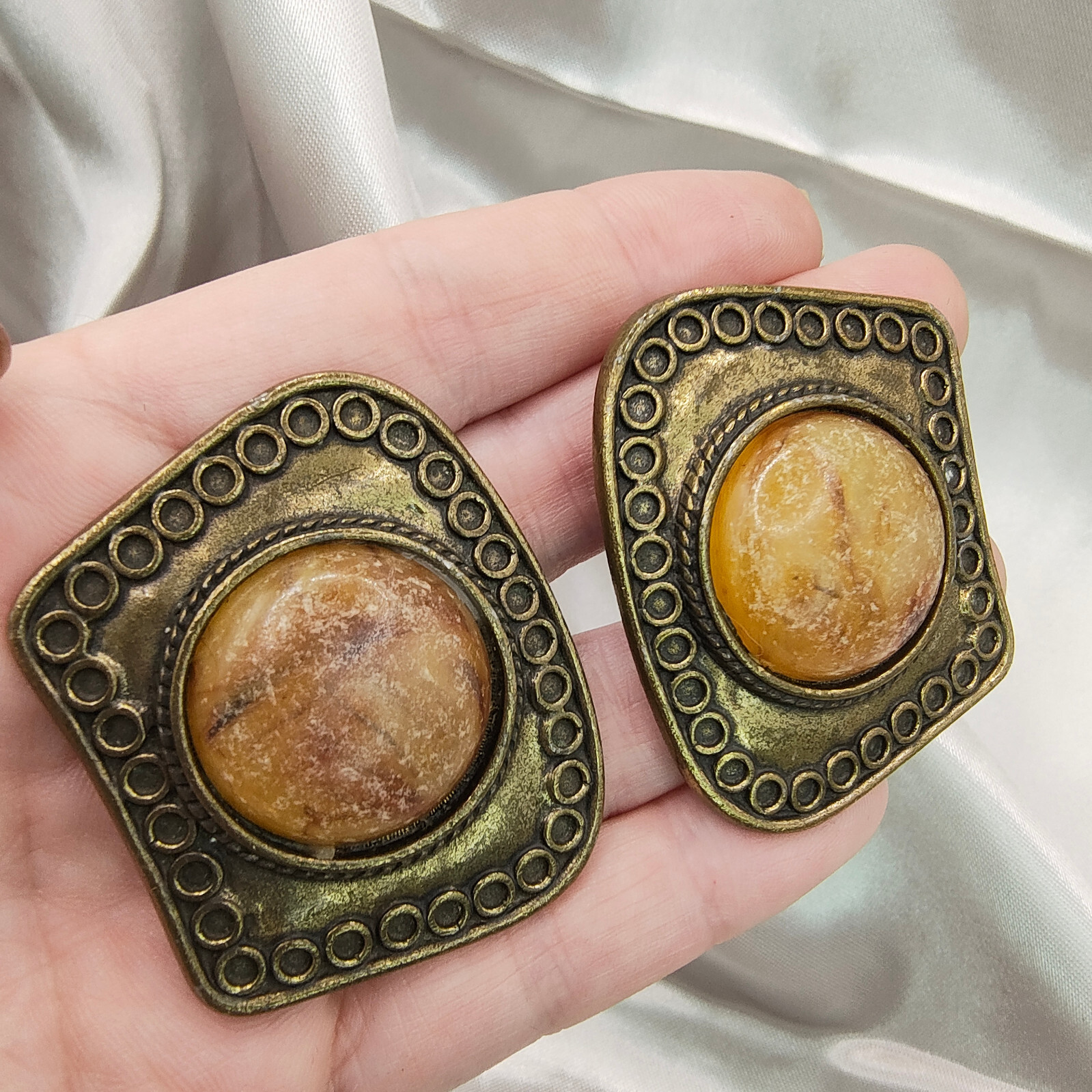 VTG Brutalist Earrings Clip On Brass Plated Unpolished Stone Ornamented Border