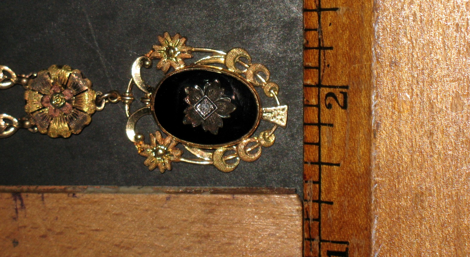Fabulous Victorian 10k 2 Color Gold Necklace W/Gemstone Black Onyx 12″ Chain
