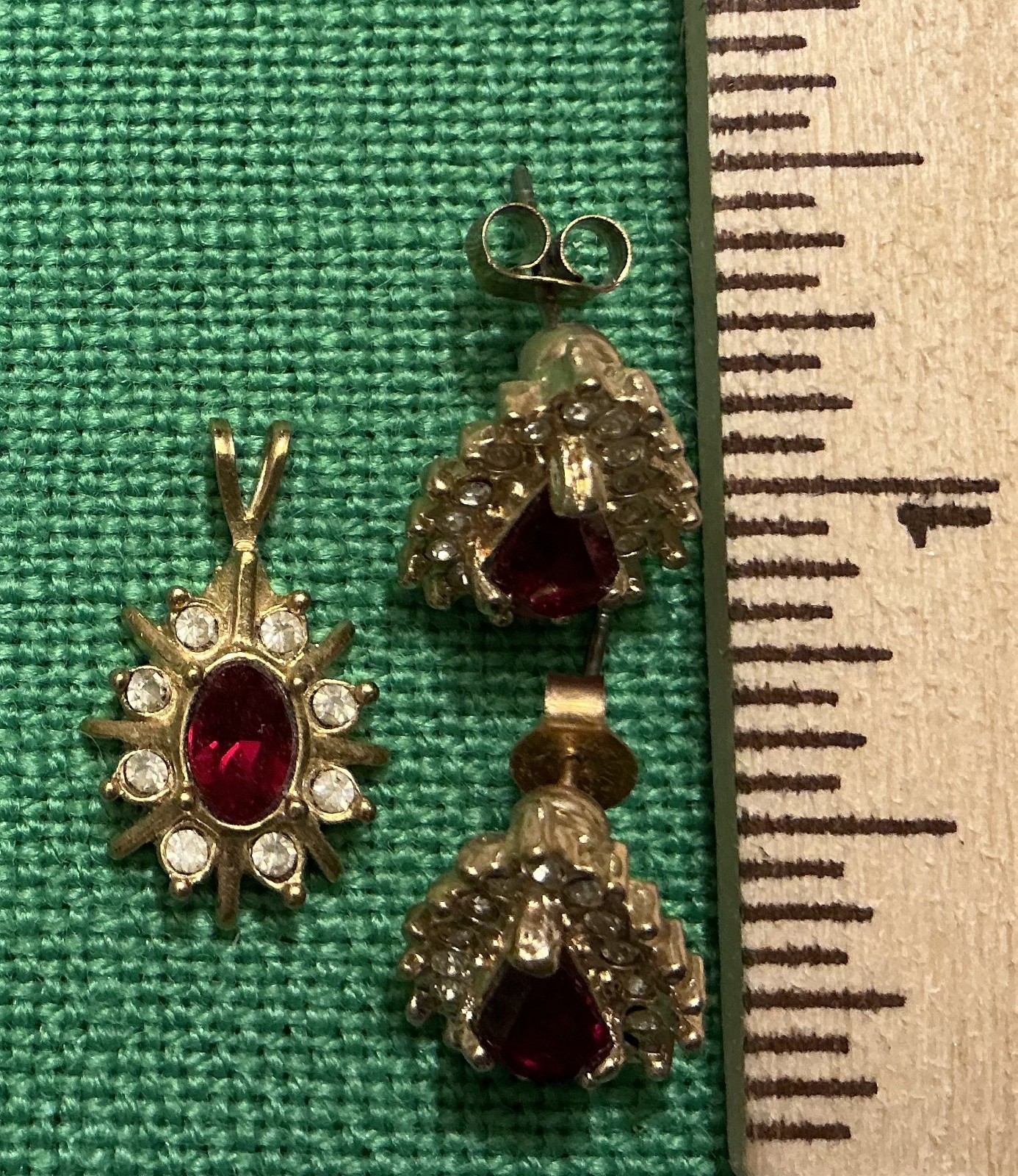 Red Stone Pendant & Earring Set Gold Tone Clear Accent Stones Vintage Estate