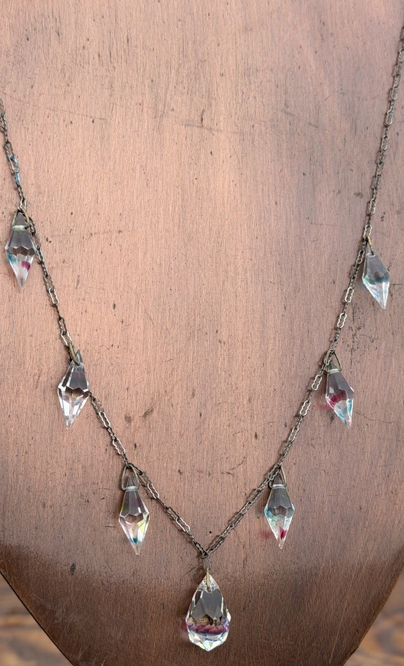 Antique Art Deco Czech Iris Crystal Rainbow Bicone Dangle 17.5″ Necklace
