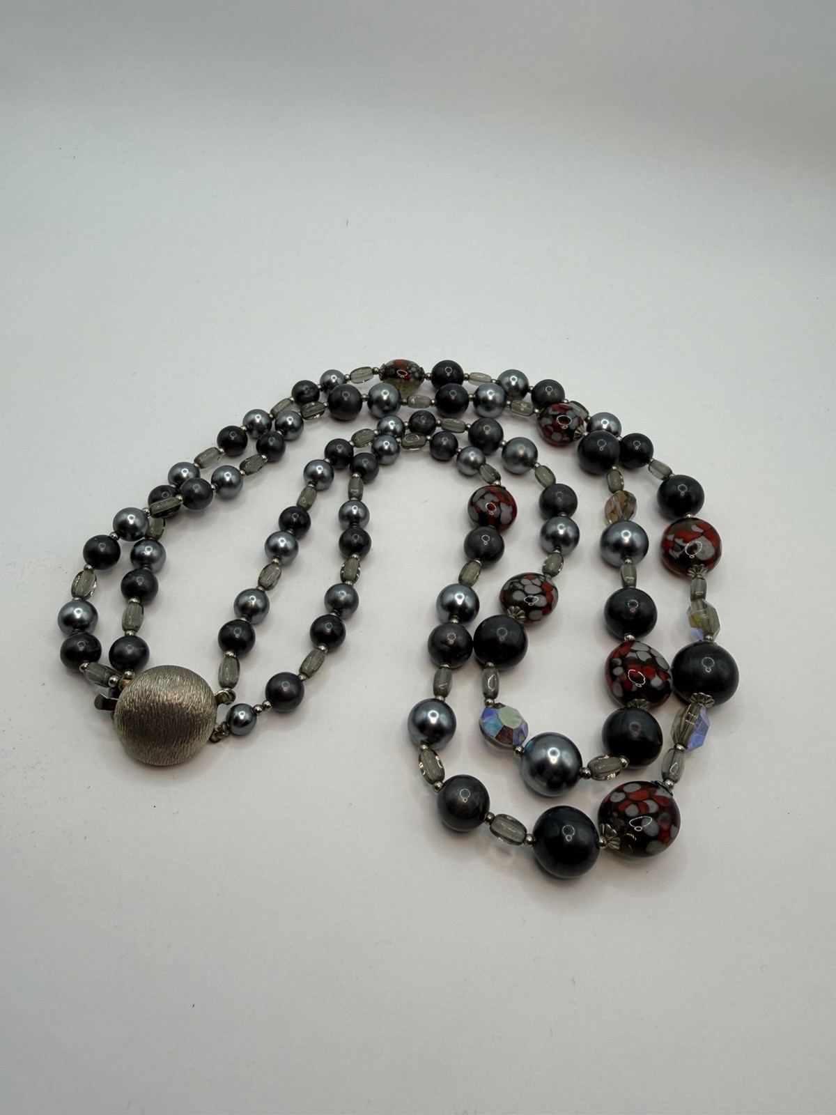Vintage Art Glass & Faux Pearl Two Strand Necklace & Earrings Gray Black Red AB
