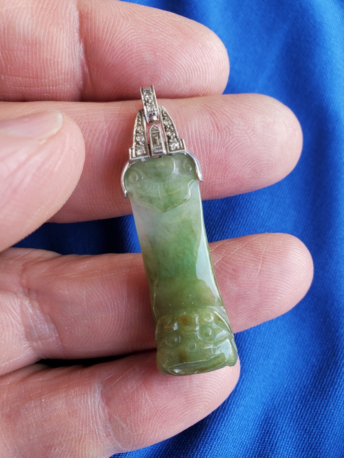 ORIGINAL Antique Green JADE DIAMOND Art Deco Pendant SOLID PLATINUM Medallion