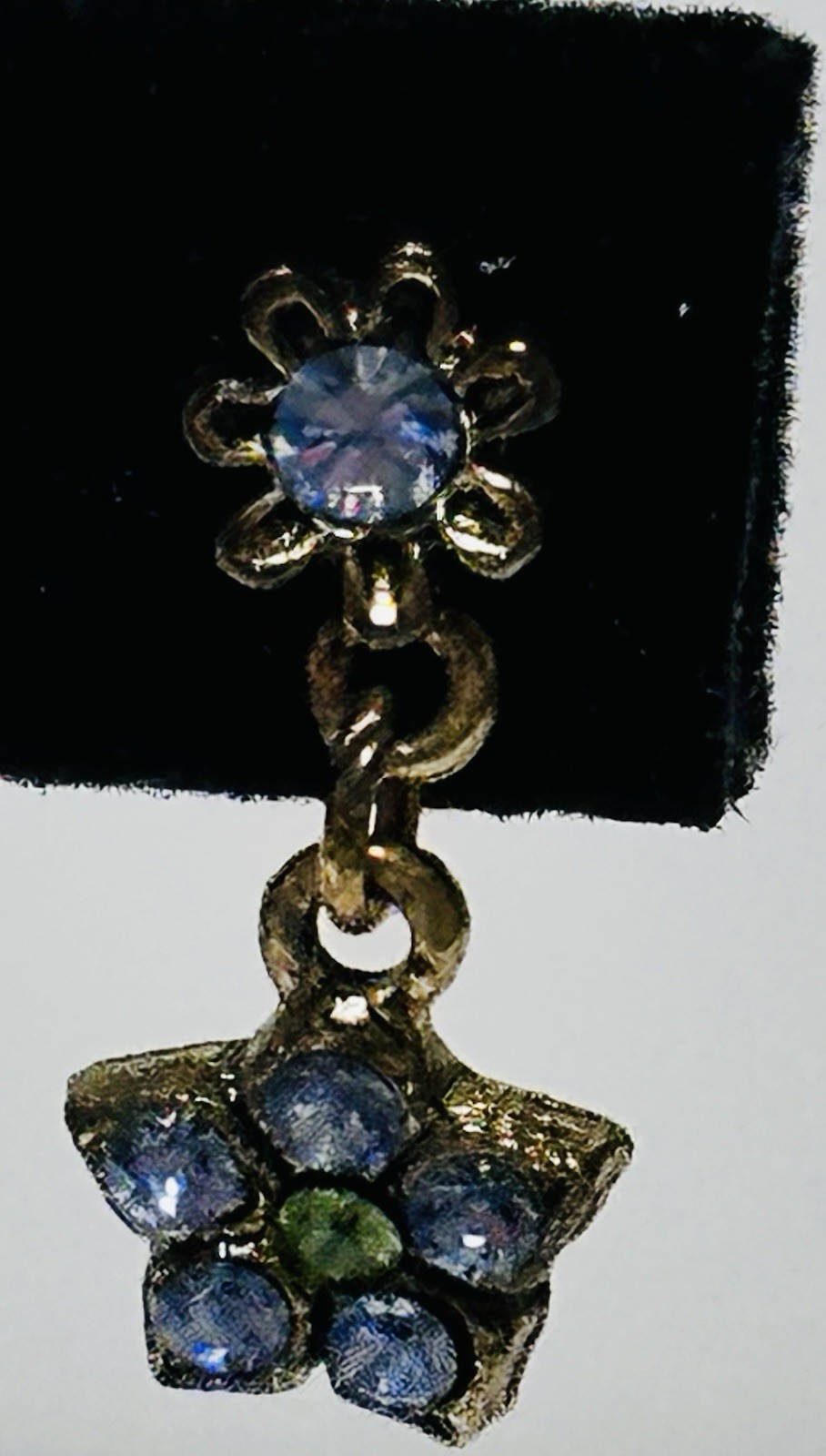 Antique Gold Tone Flower Dangle Earrings Blue And Green Rhinestones 3/4 In
